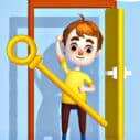 3D cartoon boy in a yellow shirt stands in an open doorway, holding a giant gold key across the frame.