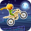 Cartoon dog on a dirt bike mid-jump at night, moonlit sky in the background.